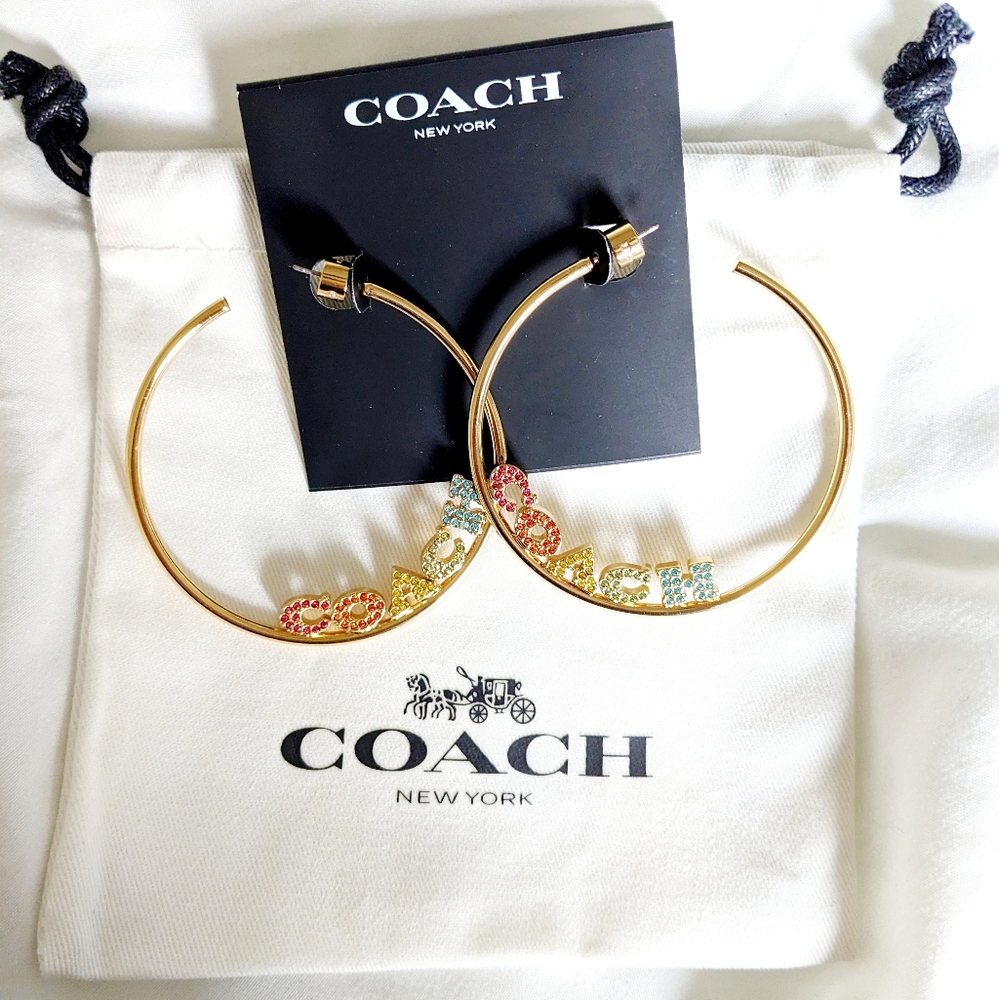 NWT, Coach Gold, & RAINBOW Multicolor Hoop Earrings 2¼" - Picture 2 of 12